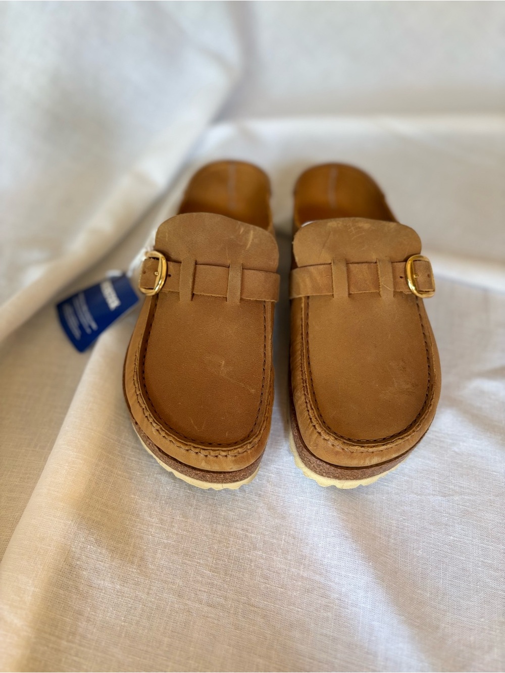 Birkenstock Buckley Clog Mule in Cognac/Tan Leather with Gold Buckle Sz 9